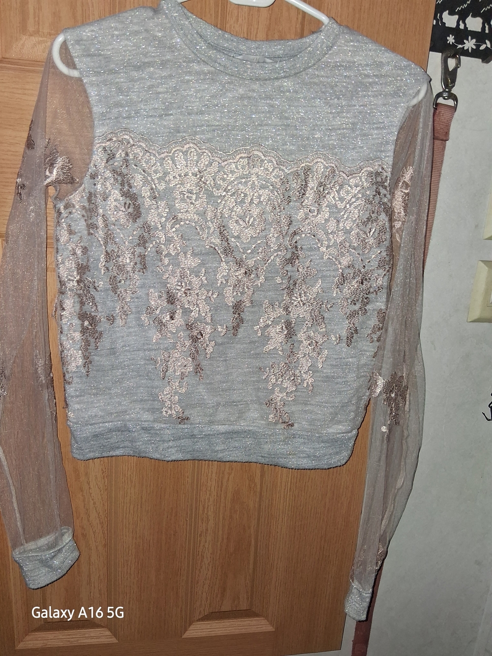 H&M Silver Knit Top with Rose Gold Lace and Sheer Sleeves